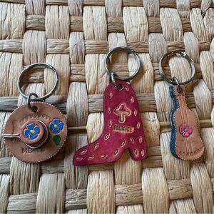 Keychains set of  Vintage 1982 Mexico leather Hat, Boot, Guitar